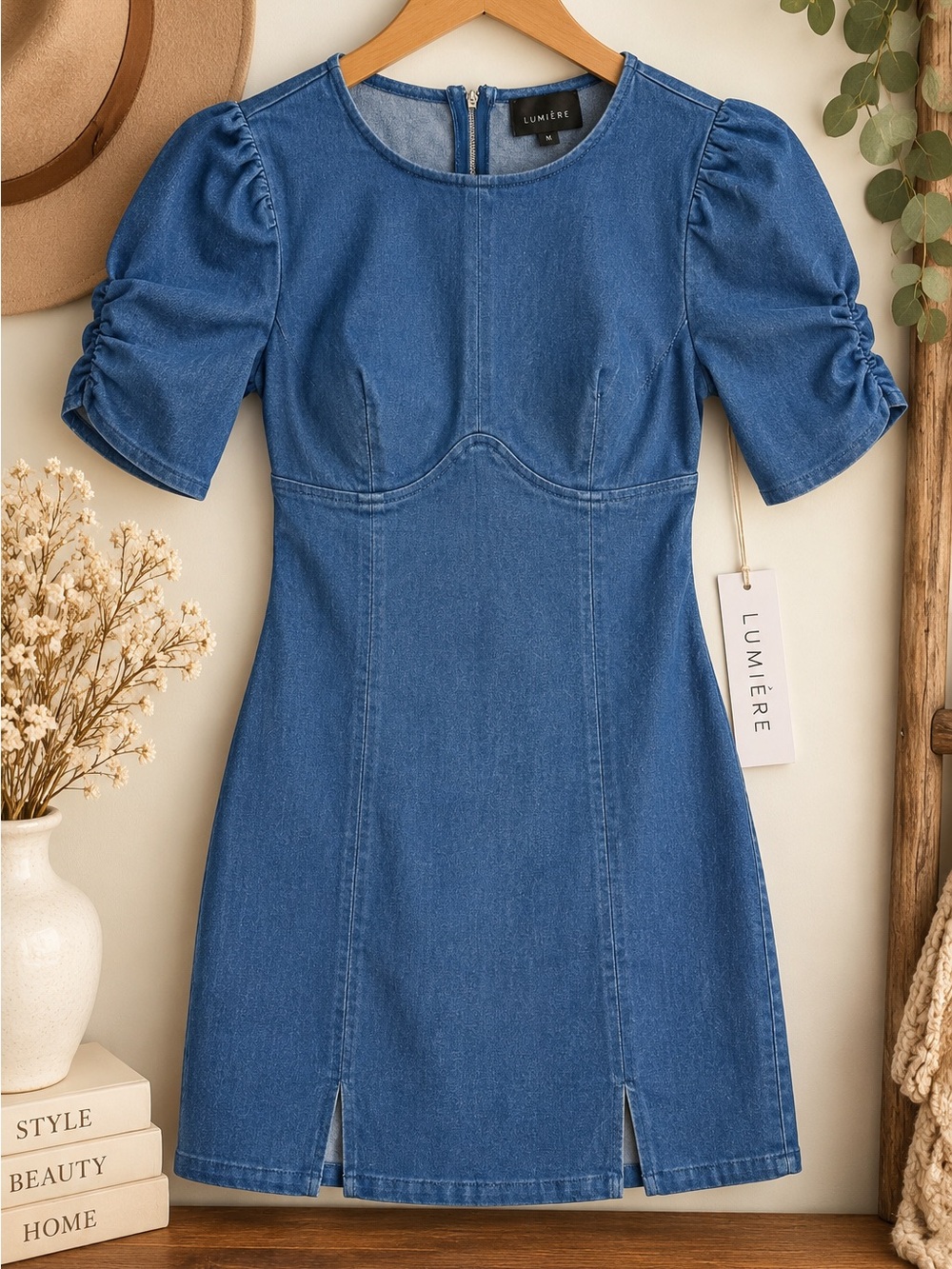 NWT Lumière Boutique Denim Mini Dress M Puff Sleeve Fitted Cottagecore